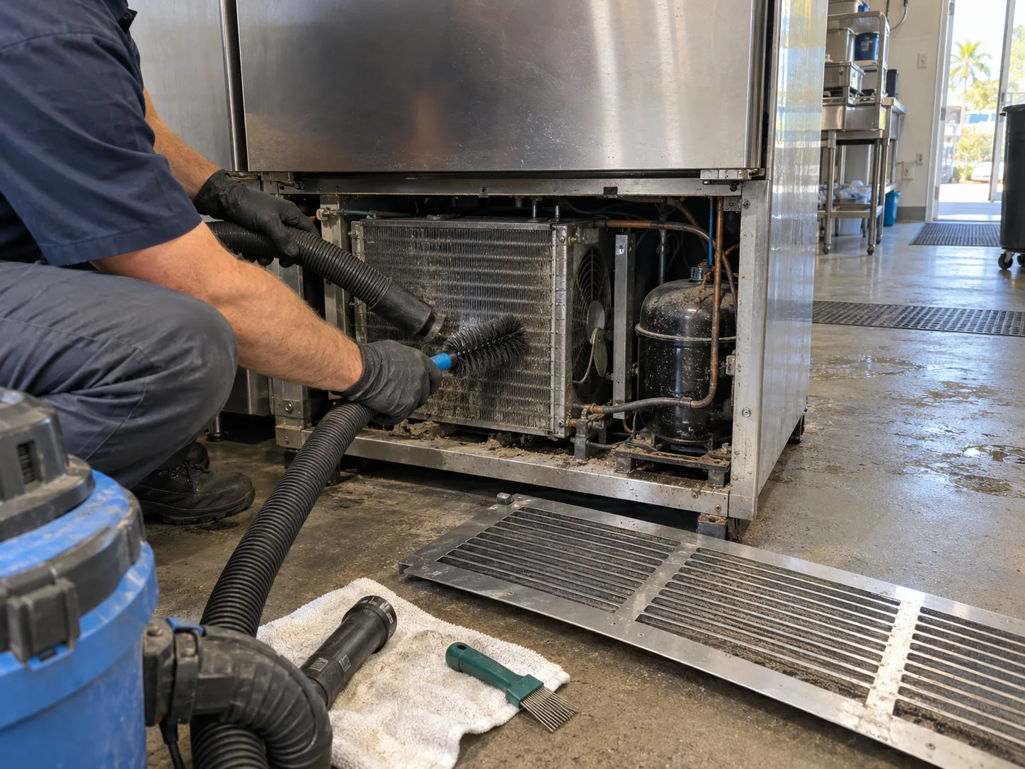 A technician vacuums and brushes the condenser coil beneath a commercial refrigerator.