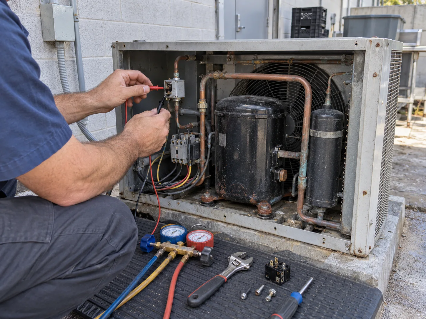A technician tests electrical components inside an open outdoor refrigeration condensing unit.