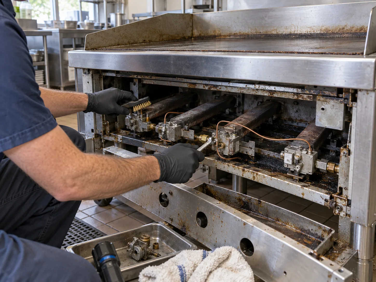 A technician cleans and inspects the exposed burner assembly beneath a commercial griddle.