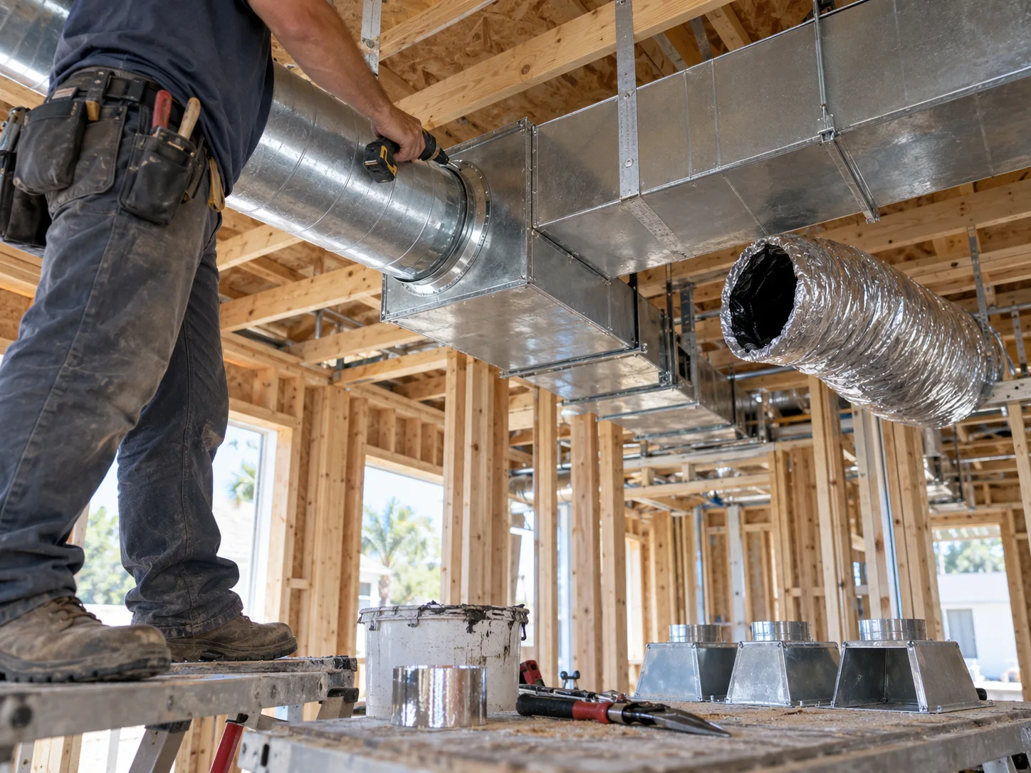 A technician fastens a round duct branch to rectangular ductwork inside a framed new home.