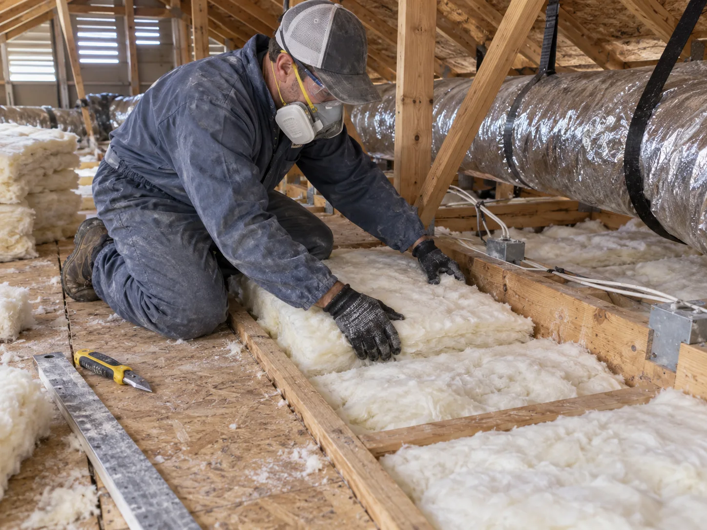 A protected technician fits fiberglass insulation between attic ceiling joists beside HVAC ducts.
