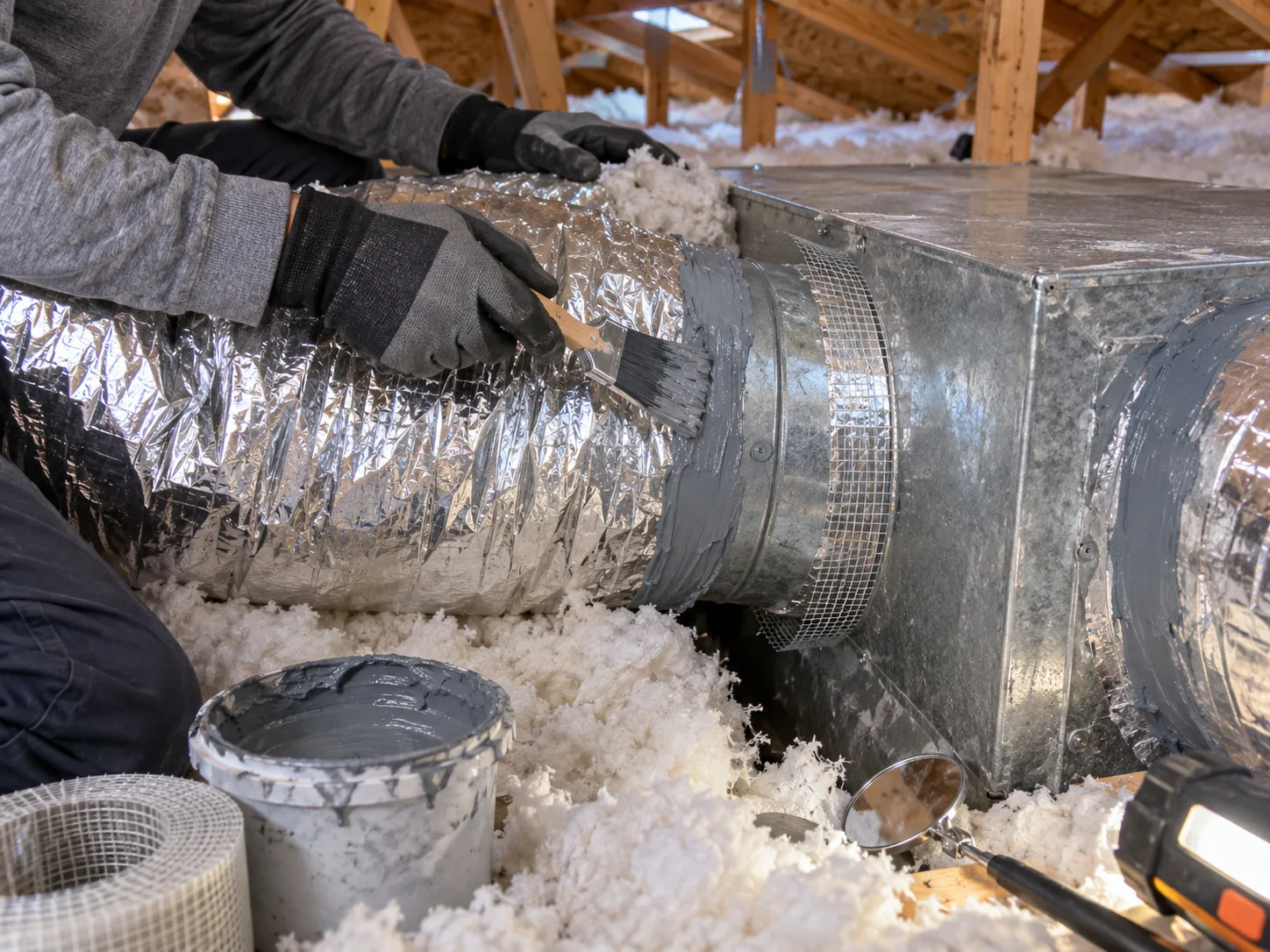 Gloved hands brush gray duct mastic around a flexible duct connection in an attic.