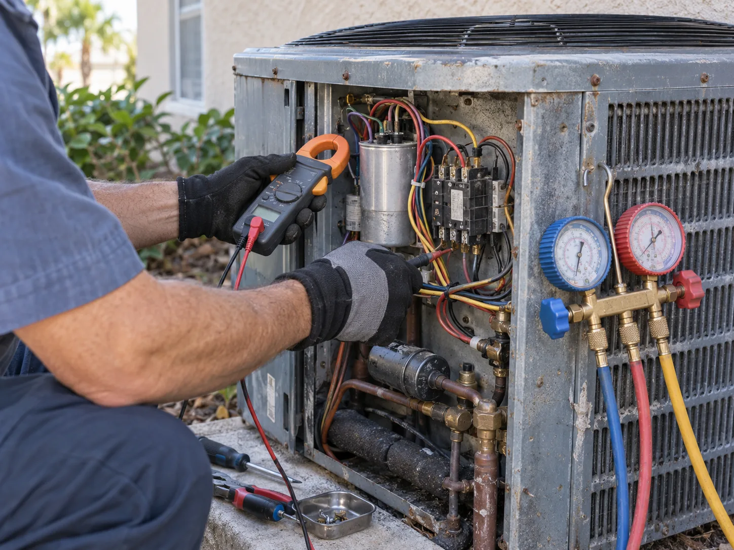 A technician tests components inside an open residential AC condenser with a clamp meter and manifold gauges.