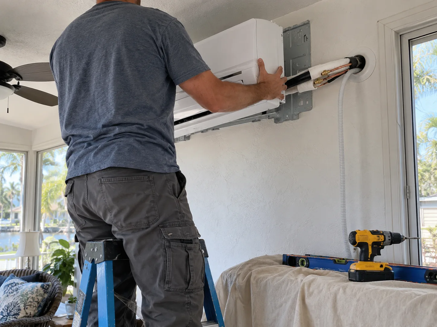 A technician mounts a ductless mini-split unit on an interior wall.